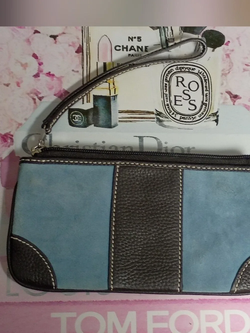 ❤️LAMBERTSON TRUEX BLOOMINGDALES Blue Suede / Brown Leather Clutch Wristlet Bag